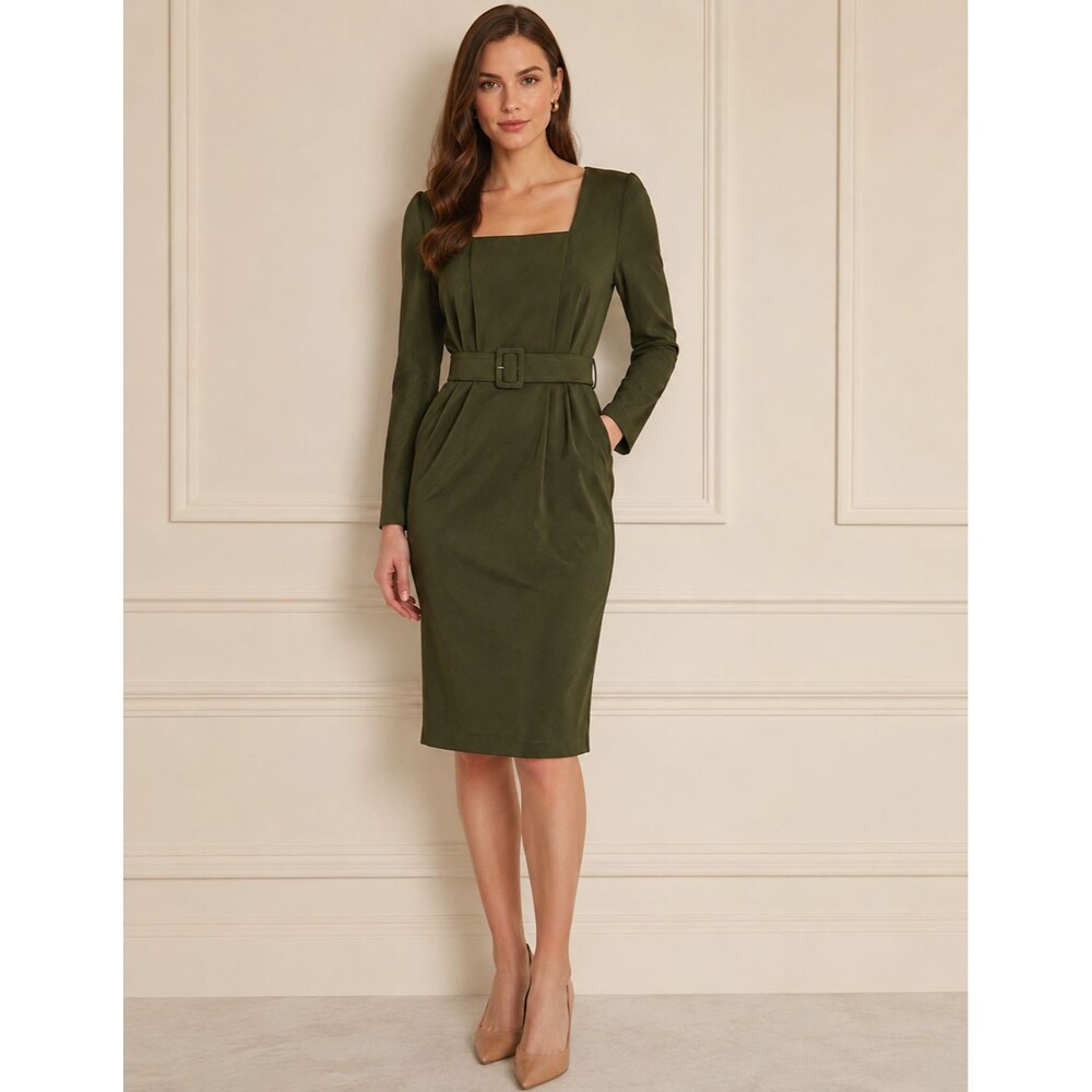 NWT LK Bennett Carrington Shift Dress Forest Green Belted Square Neck Size US 6
